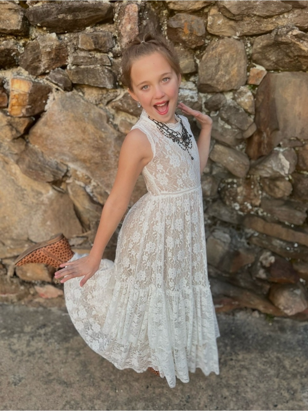 Joyfolie White Lace Tiered Maxi Dress for Girls